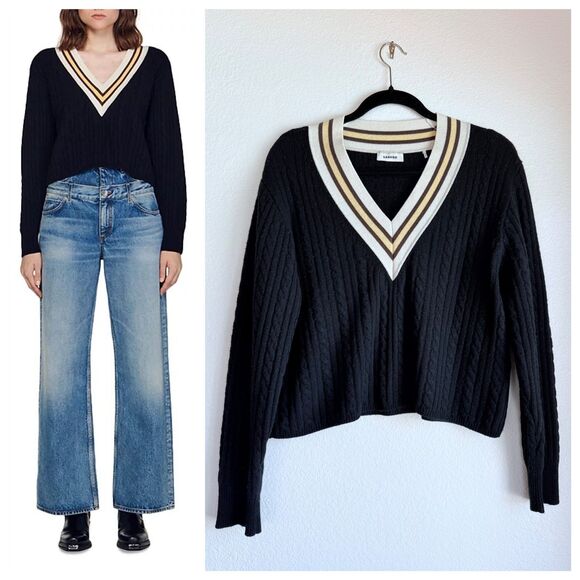 Sandro Contrast Stripe Cable Knit V-Neck Sweater in Navy White & Yellow Size 4 - Picture 1 of 15